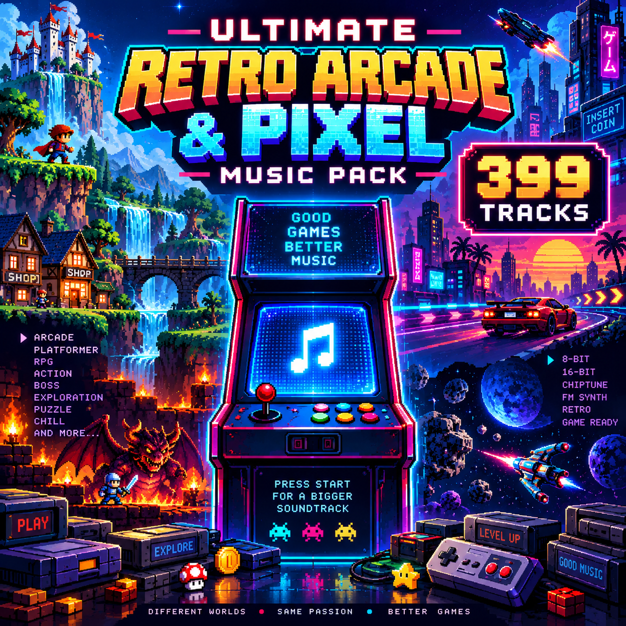Ultimate Retro Arcade and Pixel Music Pack cover: a neon arcade cabinet surrounded by pixel-art game worlds